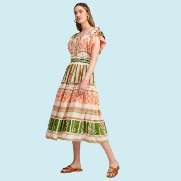 Pearl & Caviar Skirt Size XS Small Meteora Maxi Orange Green Tiered Grecian Boho - Picture 2 of 11